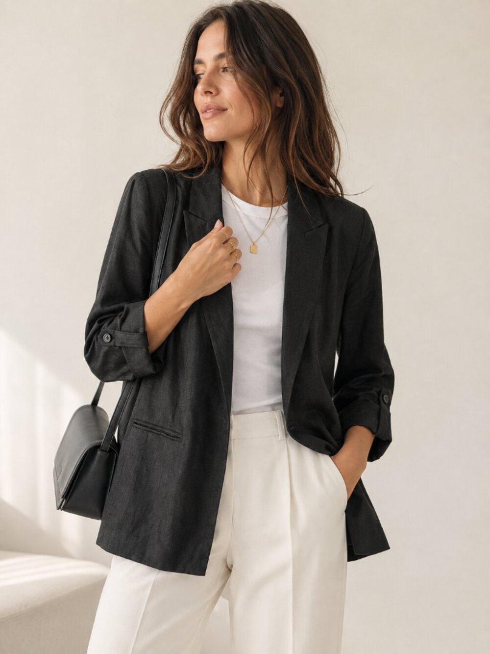 Simply Vera Vera Wang Linen Blazer M Black Open Front Quiet Luxury Jacket